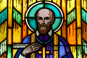 Stained glass of St. Francis de Sales or Saint François de Sales. Founder of the Order of the...