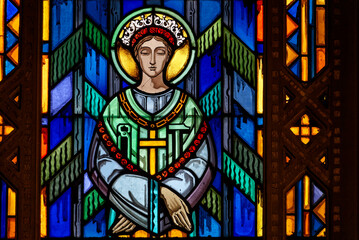Stained glass of The apparition of Our Lady of La Salette to the two little shepherds. .