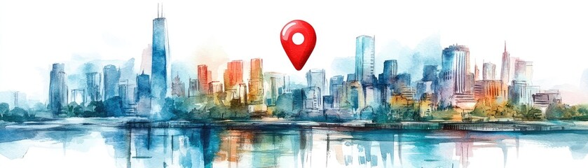 Fototapeta premium Watercolor Cityscape with Location Pin Highlighting Urban Skyline and Reflections
