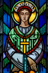 Stained glass of The apparition of Our Lady of La Salette to the two little shepherds. .