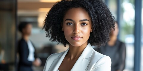 Fototapeta premium A person of color in a leadership role is shown in a close-up, highlighting confident posture and a supportive team in the background, with soft lighting enhancing the sc