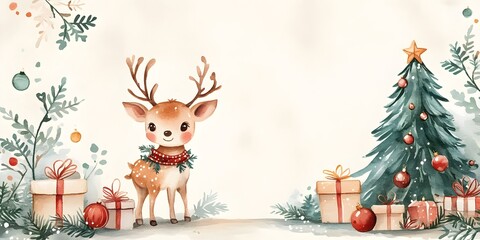 Naklejka premium Whimsical Watercolor Reindeer in Festive Christmas Scene with Ornaments and Gifts