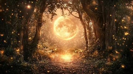   A full moon illuminates a tranquil forest as stars cascade from the branches