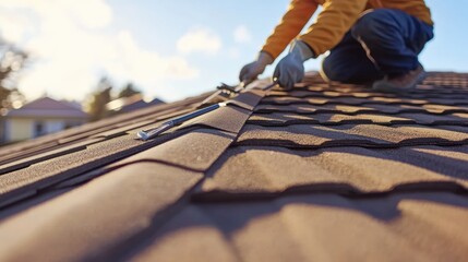 Roofer Installing Shingles on a Residential Roof Under a Clear Sky During Daytime