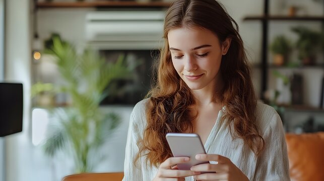 Woman Using Smartphone to Track and Monitor Indoor Air at Home