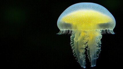 Obraz premium A close-up image of a jellyfish in water with its head turned upward, appearing as if suspended in air