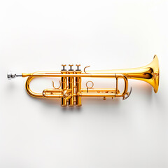 Obraz premium Golden trumpet with intricate details is isolated on white background. Concept of musical instruments and craftsmanship