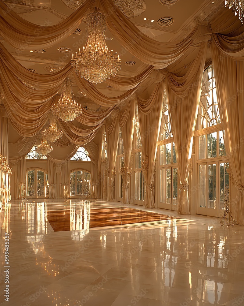 Poster an empty ballroom with large windows, draped in sheer fabric and chandeliers.
