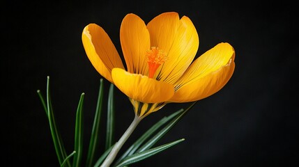 Fototapeta premium A yellow flower with green leaves on a black background