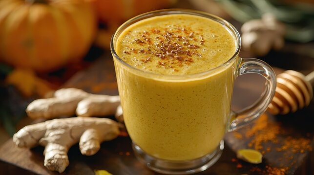 Hot turmeric latte with ginger topped with honey, perfect for autumn wellness and seasonal flavors.