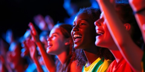 Obraz premium Students cheer at a school sports event, with a close-up on enthusiastic expressions and team colors, as dynamic lighting emphasizes the spirit of school events