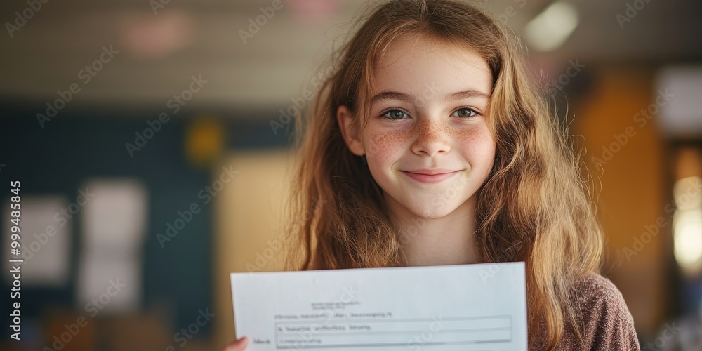 Poster a student proudly displays a report card, with a close-up on high grades and a happy expression, as 