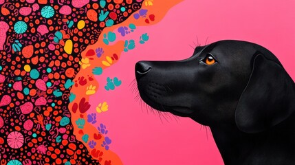 A mixed media artwork featuring a dog with colorful paw prints, leaving a trail of joy and laughter.