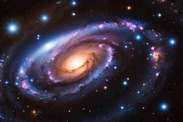 Fototapeta premium A mesmerizing view of a spiral galaxy glowing in the vastness of space. The bright galactic core radiates warm golden light, surrounded by swirling arms of blue, pink, and purple nebulae. Twinkling st