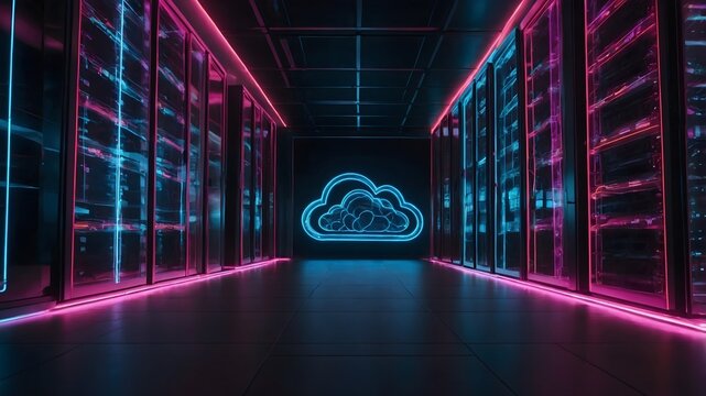 Futuristischer Blick auf Cloud-Computing: Neonlichter und Server