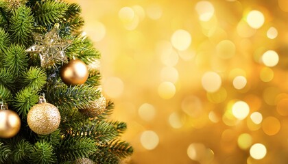 Obraz premium hübsch geschmückter Weihnachtsbaum auf der linken seite , goldener hintergrund