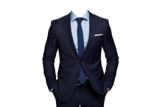 Navy blue business suit with tie, isolated on transparent background