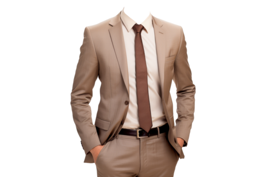 Stylish faceless man in beige suit and brown tie on white background, professional attire