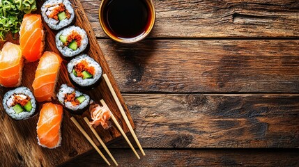 Delicious Sushi Platter on Wooden Table