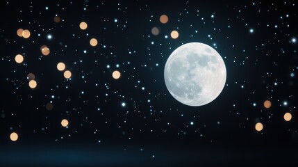 A close up of the full moon, surrounded by twinkling stars, evoking the magic and beauty of the night sky.