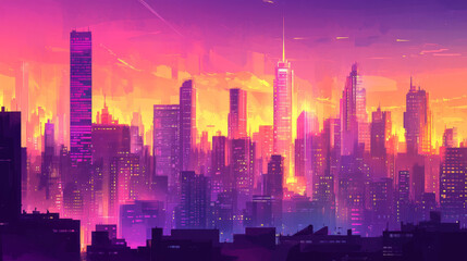 A vibrant, cartoon-style background showing a city skyline.