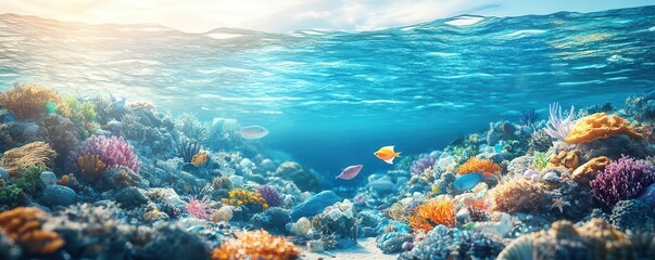 Fototapeta premium Beneath the tranquil waves, vibrant coral reefs boast diverse marine life, showcasing underwater beauty and ecological richness.