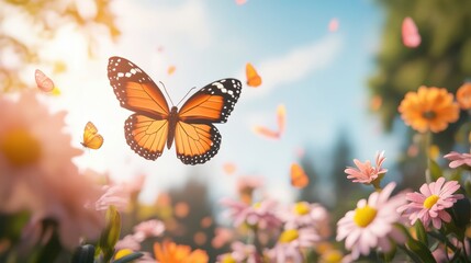 A butterfly emerging from its chrysalis, wings unfurling against a vibrant floral background, symbolizing the beauty and wonder of transformation.