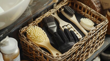 The basket contains brushes sponges synthetic gloves and basic cleaners