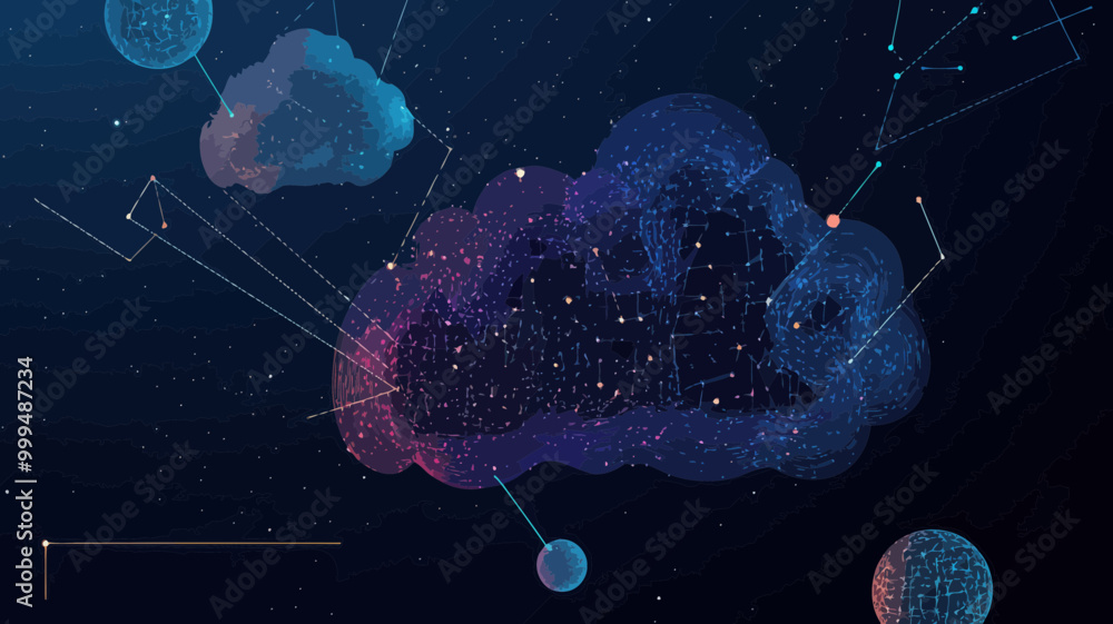 Poster abstract vector digital cloud in starry sky with planet shapes and wireframe concept for technology,