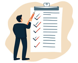 Confident Businessman Completing Tasks Checklist, Business Strategy and Responsibility Management Concept, Flat Minimalist Vector Illustration