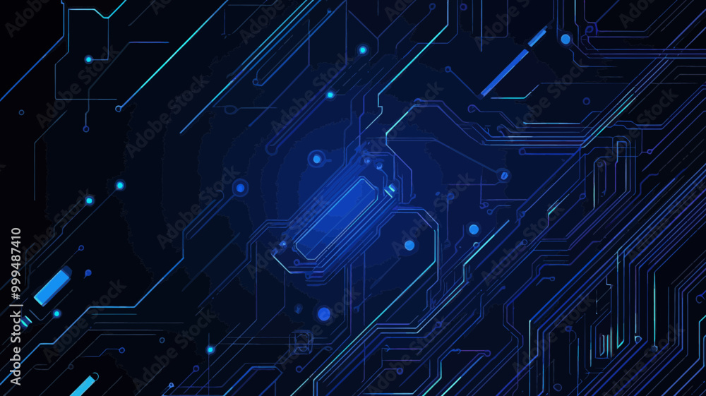 Poster blue circuit trace lines on dark technology background - abstract digital tech illustration of chip 
