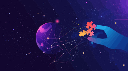 Hand Holding Puzzle Piece in Starry Sky and Universe, Abstract Space-Themed Vector, Concept of Problem Solving and Exploration, Minimalist Business Illustration