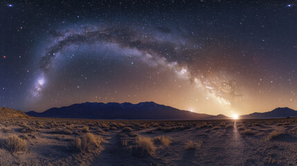 Fototapeta premium breathtaking cosmic landscape featuring stunning view of Milky Way arching across night sky, illuminated by countless stars. serene desert foreground adds to beauty of this celestial scene