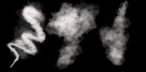 Set of vector transparent smoke effects isolated on black background. Fog or smoke isolated transparent special effect. Vector illustration, morning fog over land or water surface, magic haze. 