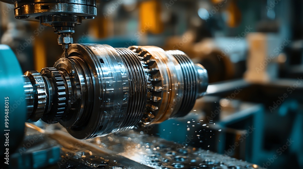Poster close up of a metal part being machined on a cnc lathe with water coolant.
