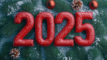 3D Font of text 2025 on New Year, Christmas ornament background