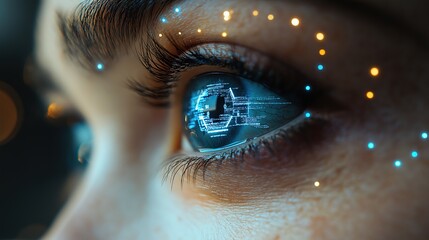 Technology Futuristic Data Stream in Cyberspace Eye Close-up. Modern Science Vision on Innovation. Beautiful Look Holographic Macro AR Simulator in Sight Projection