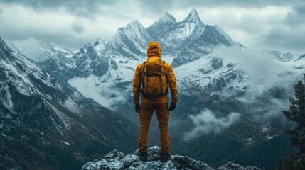 Adventurous Hiker in Yellow Jacket Facing Majestic Snow-Capped Mountains at Sunrise
