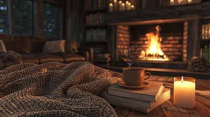Cozy Evening by the Fireplace with Blanket and Books