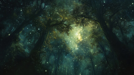 Obraz premium night scene of dense forest illuminated by stars and Milky Way, creating magical and serene atmosphere. trees tower majestically, surrounded by twinkling lights