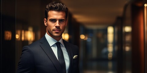 Fototapeta premium High-quality professional photography featuring a confident executive in a tailored suit against a corporate backdrop with refined lighting.
