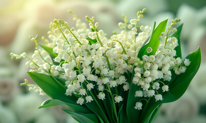 Close-up of delicate white lily of the valley posy flowers with green stems and leaves, on a soft blurred background