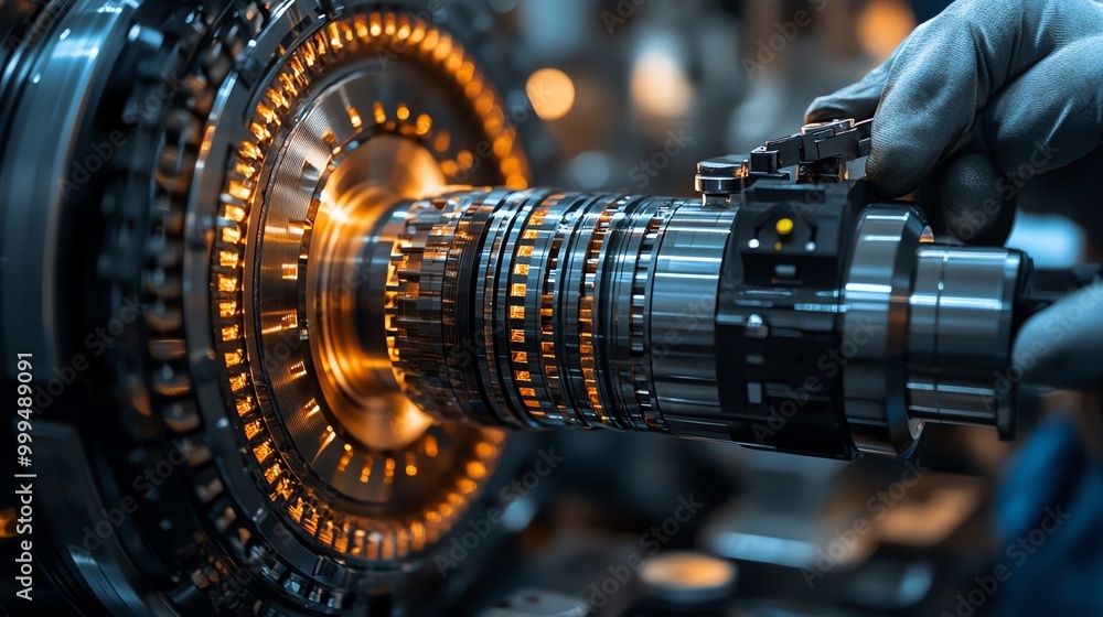 Poster close-up of a shiny metallic industrial machine part with a hand in a glove operating it, in a works