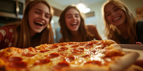 A close-up of teens sharing pizza at a party highlights their laughter and casual setting, with bright indoor lighting reflecting the fun of social activities