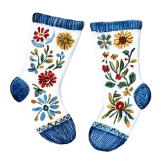 Watercolor Illustration of a Pair of Socks with Floral Design.