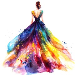 Watercolor Illustration of a Woman in a Colorful Gown.