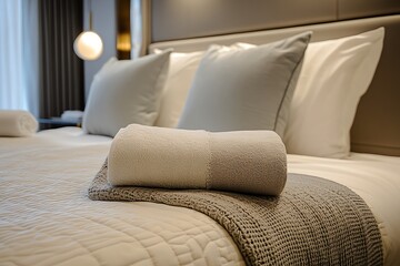 Close-up of a neatly folded towel on a bed with soft pillows and a blanket, in a hotel room.