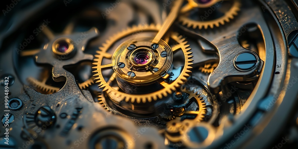 Poster close-up of a watch's intricate mechanism with golden gears.
