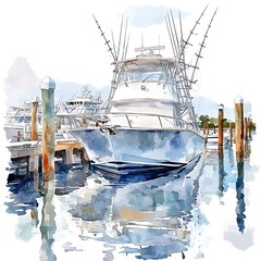 Watercolor Illustration of a Boat Docked at a Marina.