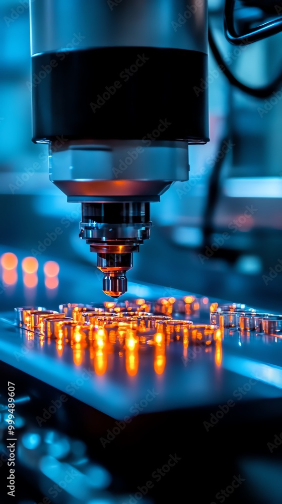Fototapete close-up of an industrial robot arm with a tool tip positioned over a row of illuminated metal parts
